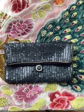 Norell Black Sequin Fold-Over Evening Clutch/Cosmetic Bag with Rhinestone Button